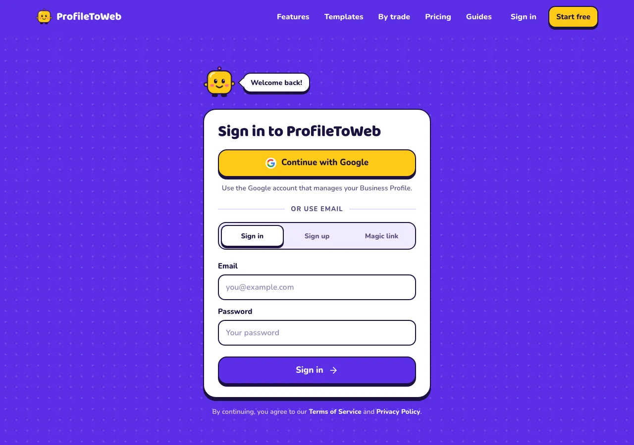 The sign-in page, with Continue with Google at the top and email options below