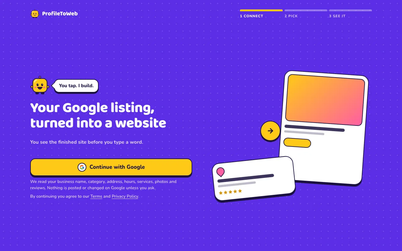 The Connect screen: "Your Google listing, turned into a website" with a Continue with Google button