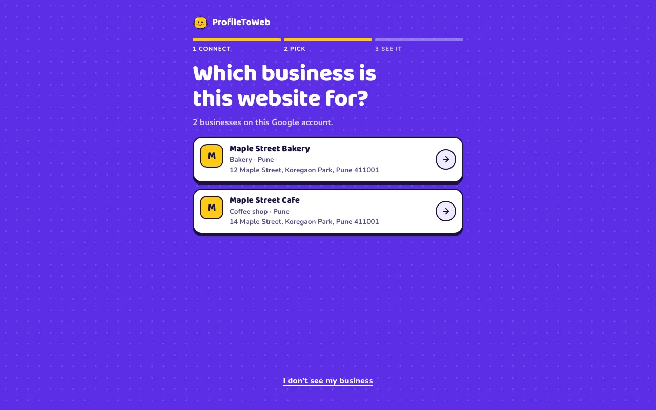 The Pick screen listing two businesses, each with its category and address