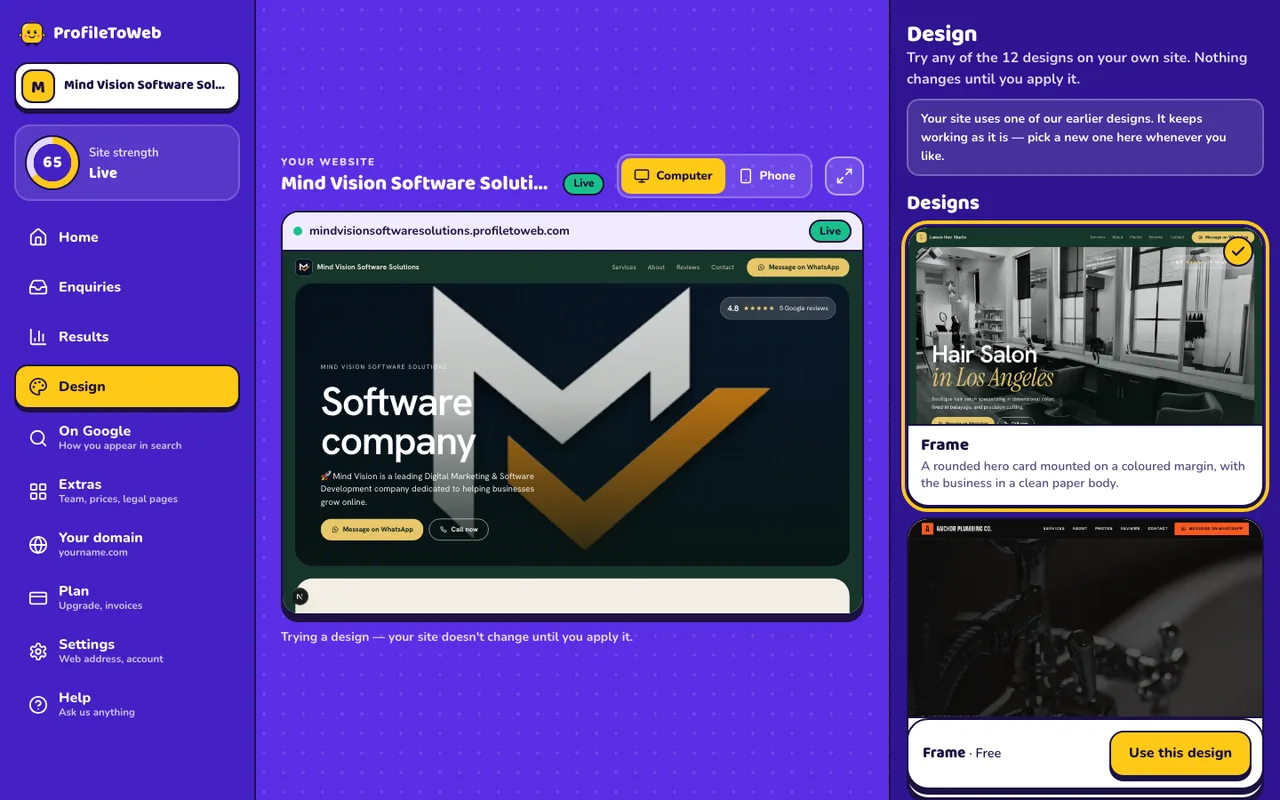 The Design screen: a list of designs on the right and a live preview in the middle