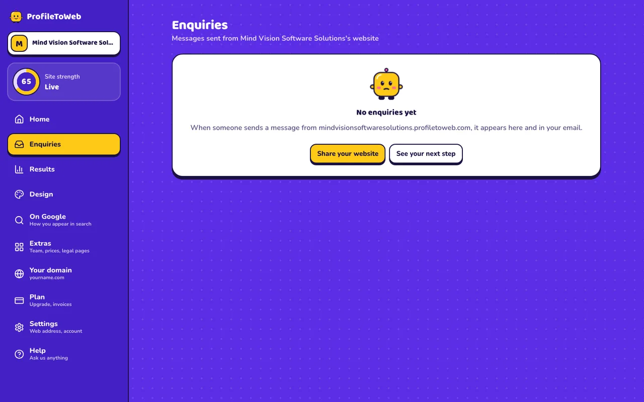 The Enquiries screen with "No enquiries yet" and a Share your website button