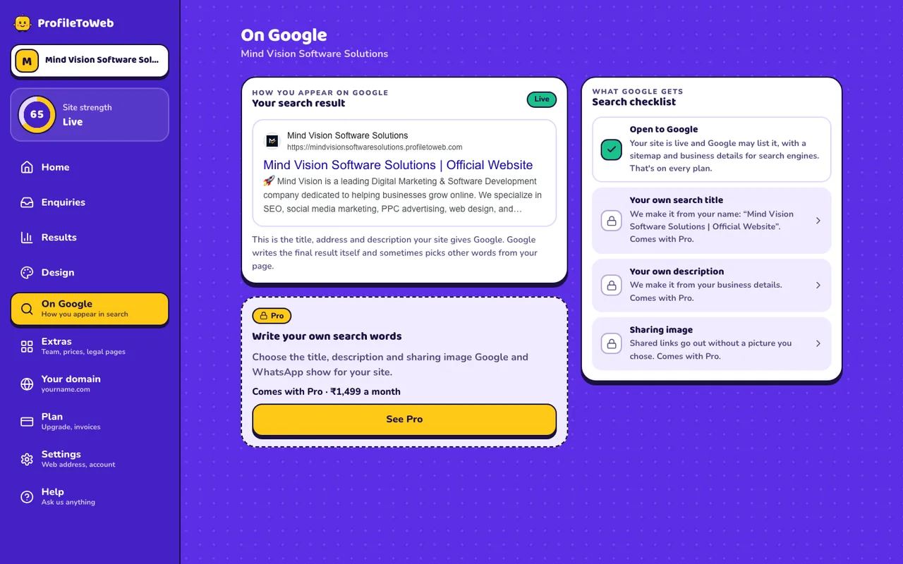 On Google: a preview of your search result and a checklist