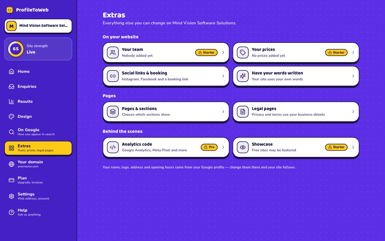 The Extras screen with cards for team, prices, social links, your words, pages, legal pages, analytics and showcase