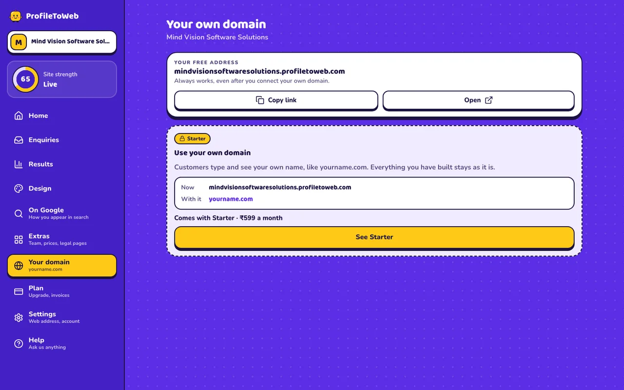 Your own domain: your free address with Copy link and Open buttons, and the Starter upgrade card
