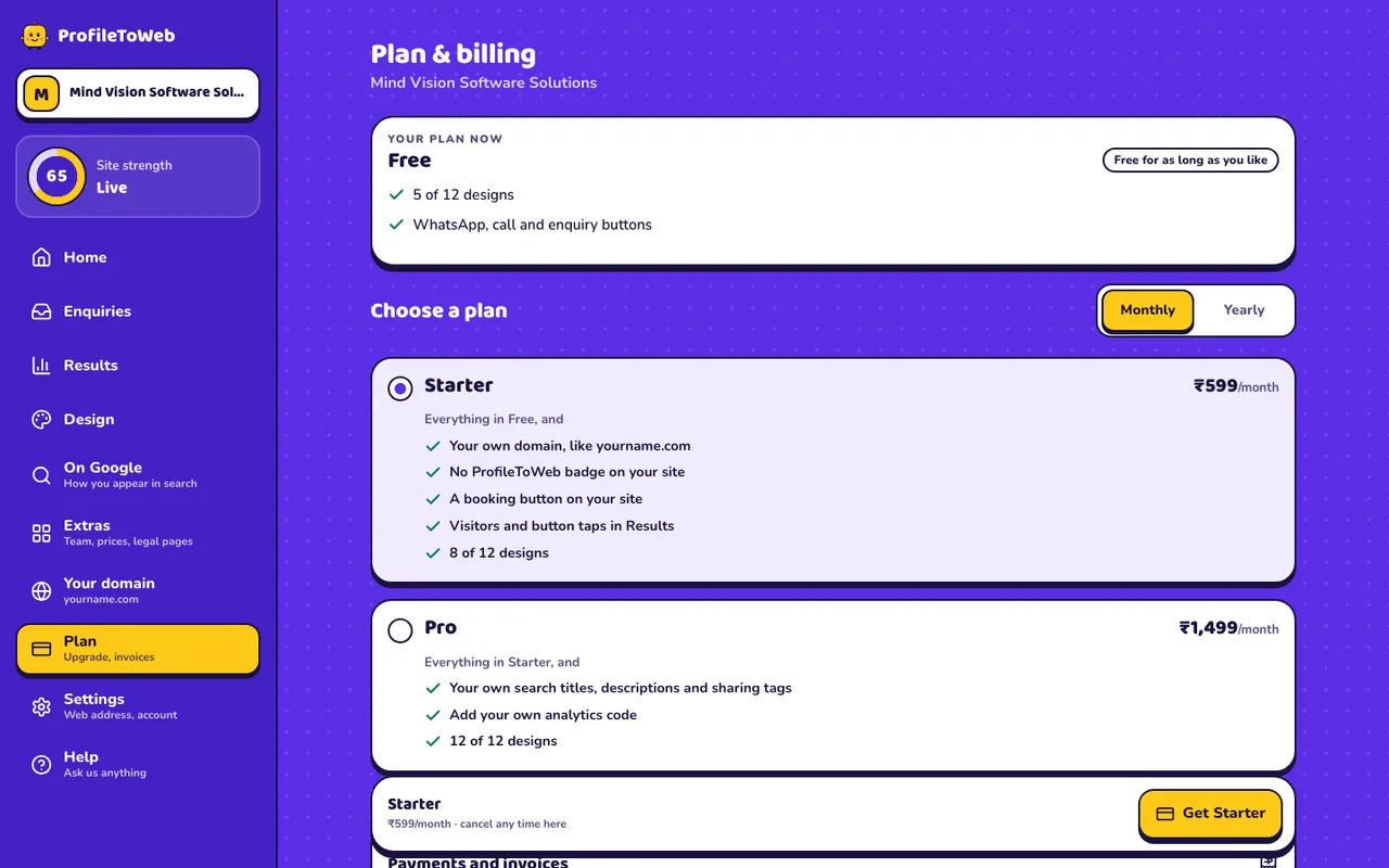 Plan & billing: Free, Starter and Pro