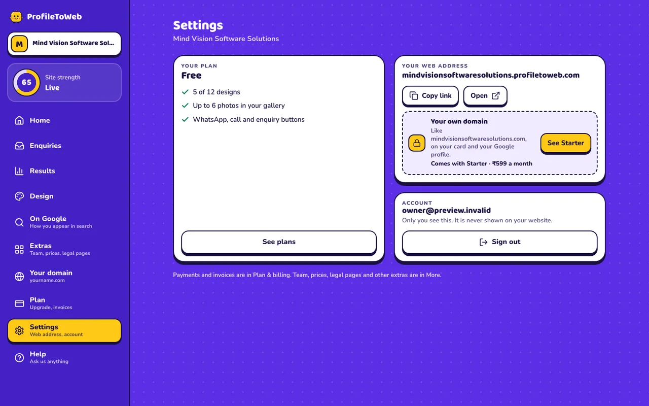 Settings: your plan, web address and account