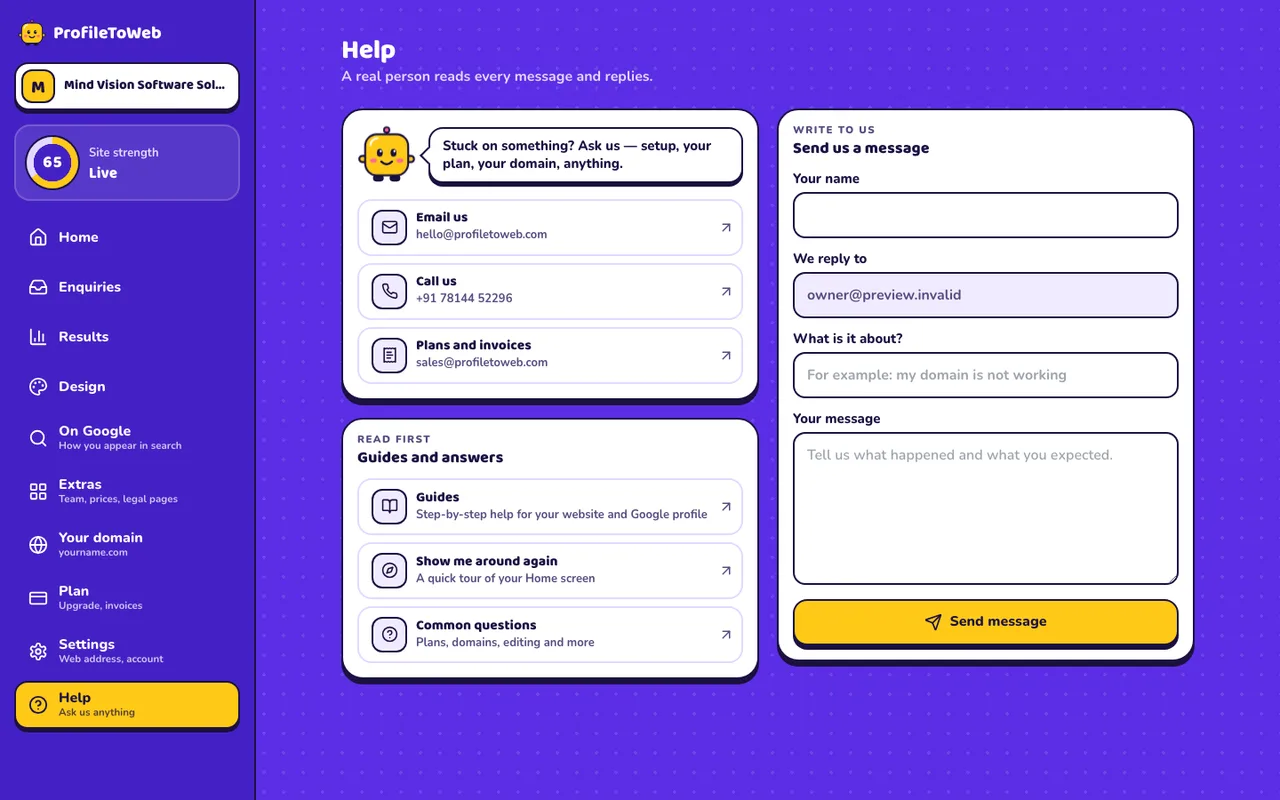 Help: contact options, guides and a message form